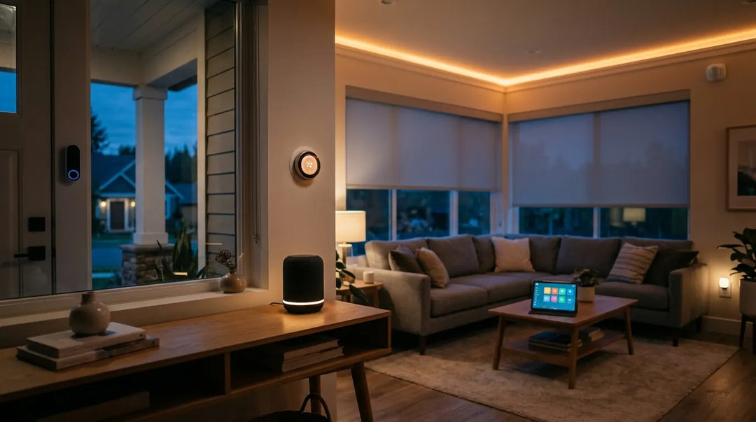 Modern living room at twilight with glowing smart home devices and warm ambient lighting