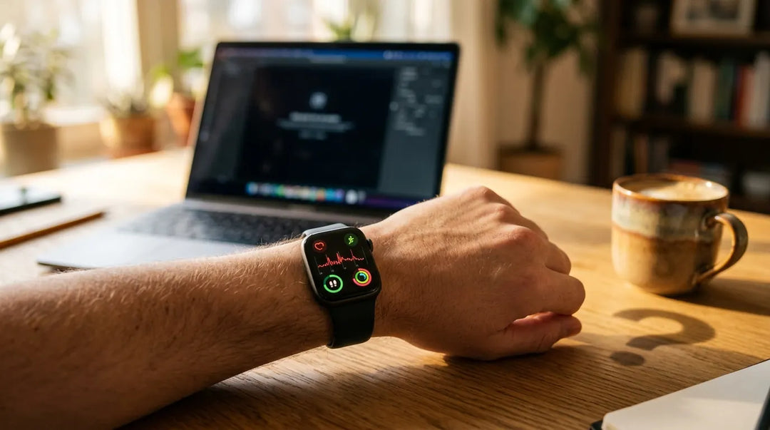 Glowing smartwatch on wrist showing health metrics on wooden desk, contemplative mood