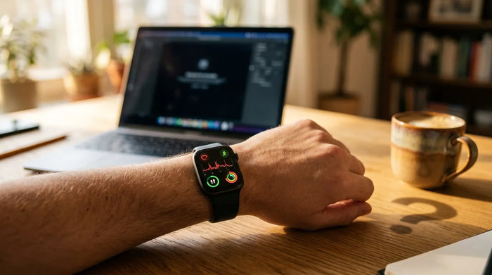 Glowing smartwatch on wrist showing health metrics on wooden desk, contemplative mood