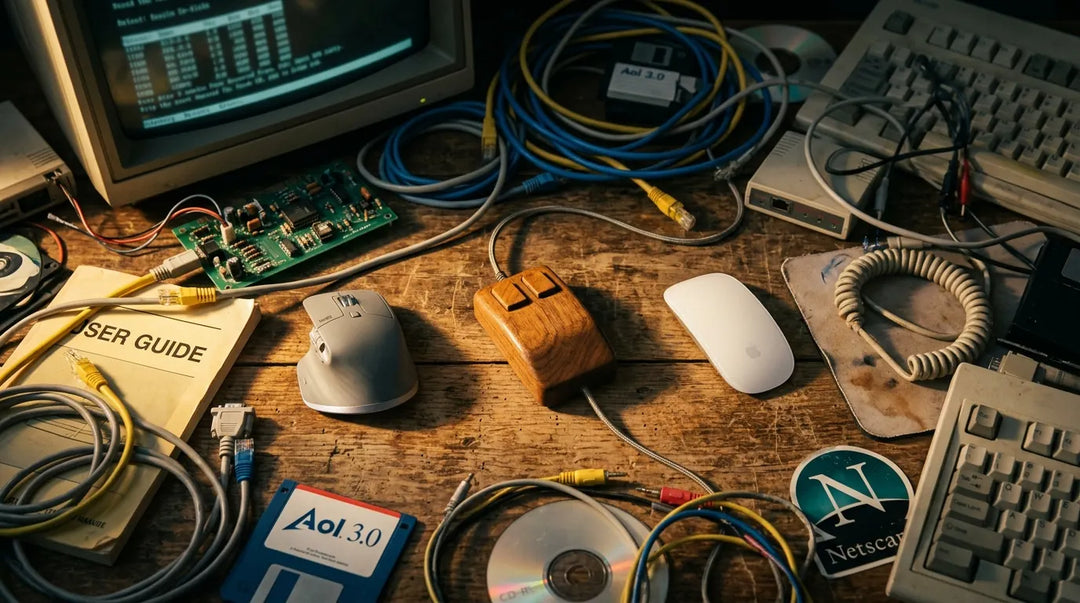 Vintage wooden computer mouse surrounded by modern tech artifacts on weathered desk, warm dramatic lighting