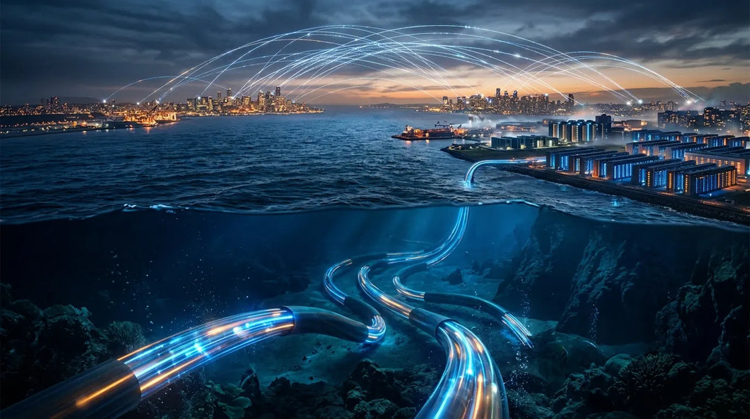 Glowing undersea fiber optic cables connecting illuminated city skylines at twilight, conveying vast internet infrastructure