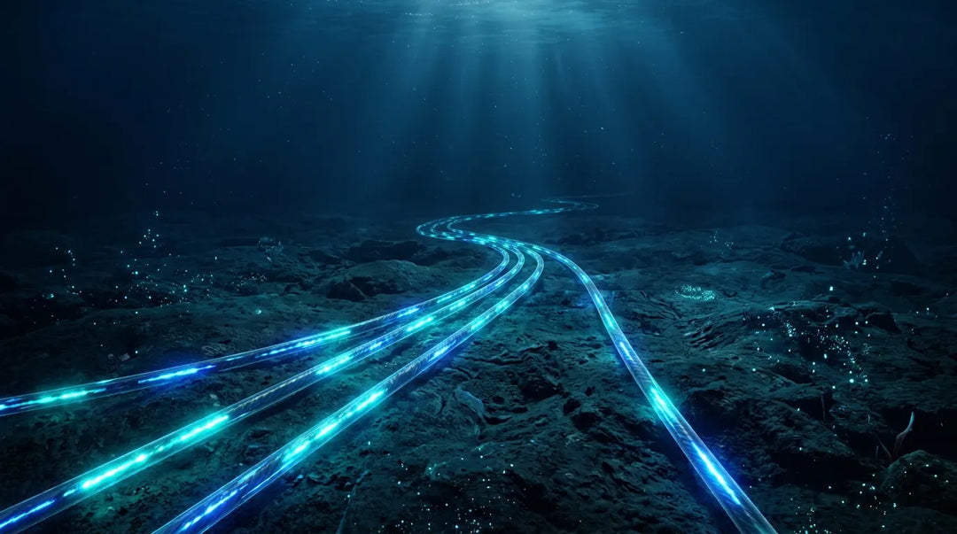 Glowing submarine fiber optic cables on dark ocean floor carrying light pulses, dramatic deep-sea atmosphere