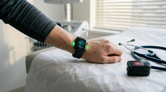 Smartwatch on wrist beside clinical medical instruments on examination table, questioning accuracy