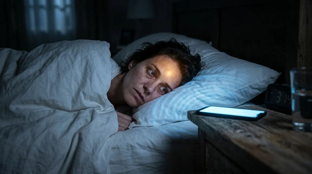 Sleepless person in dark bedroom illuminated by smartphone's blue glow on nightstand, restless mood