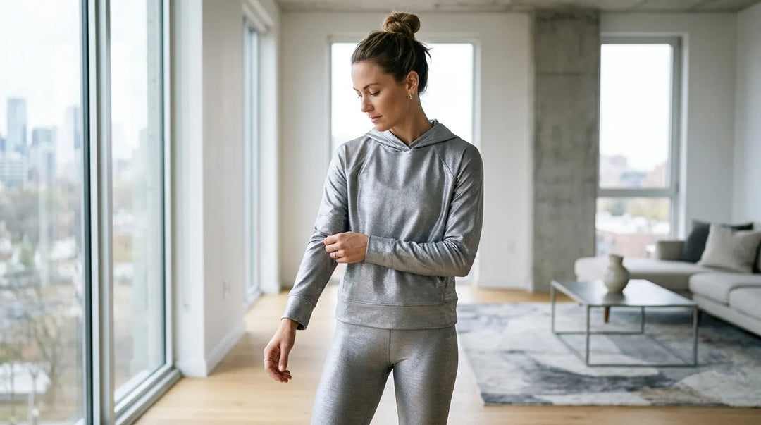 Woman wearing gray hoodie and matching pants in modern apartment