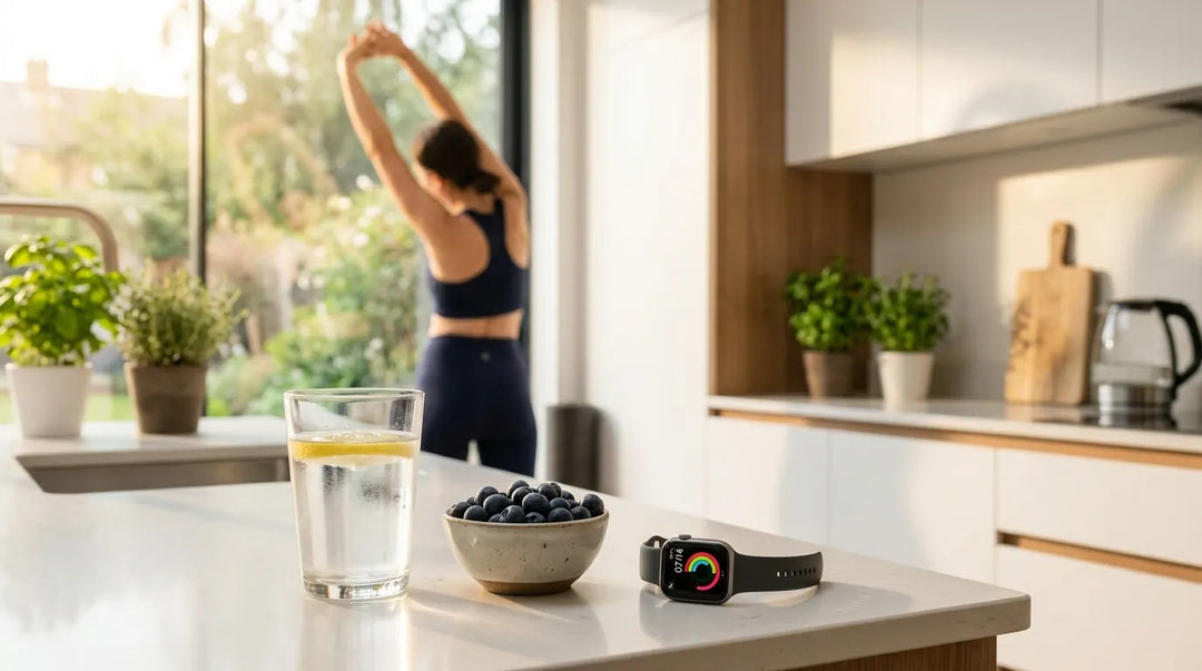 Morning kitchen counter with water, berries, and fitness tracker in warm sunrise light