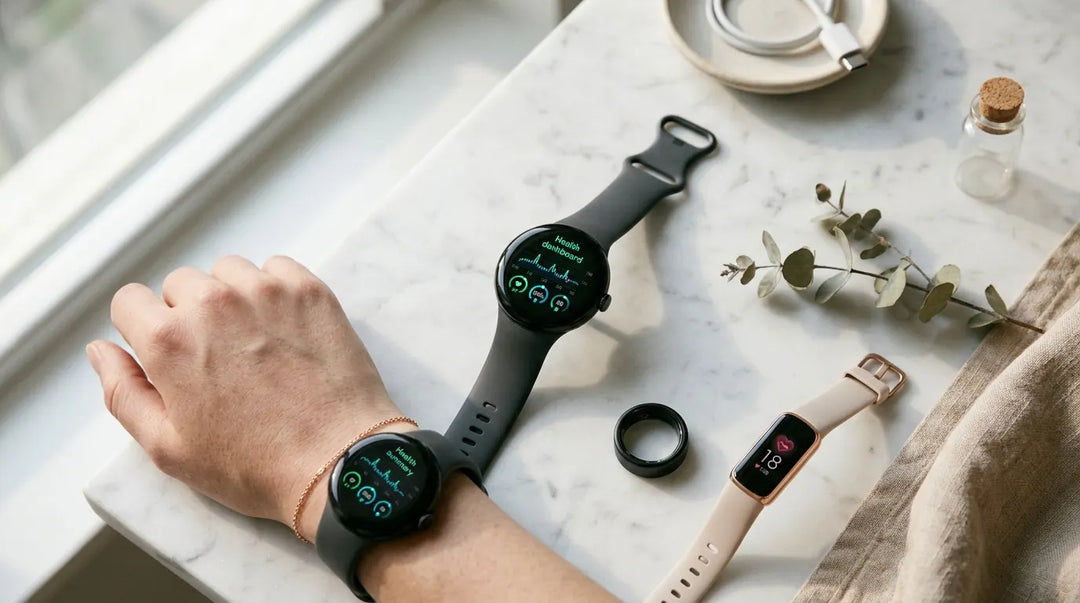 Curated arrangement of modern health wearables on marble surface in warm editorial lighting
