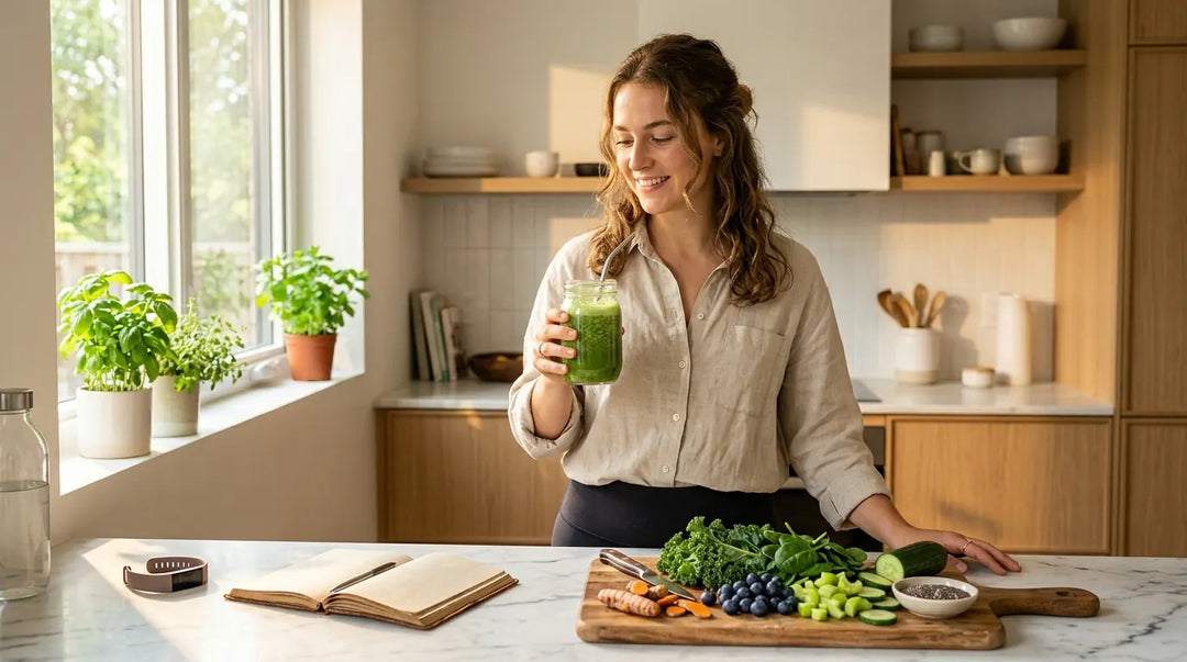 Person in sunlit kitchen with green smoothie, fresh vegetables, and wellness accessories