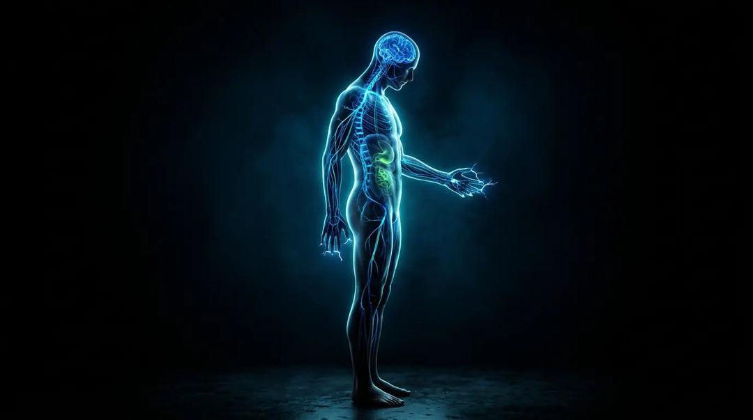 Glowing human figure with visible bioelectric neural pathways against dark dramatic background