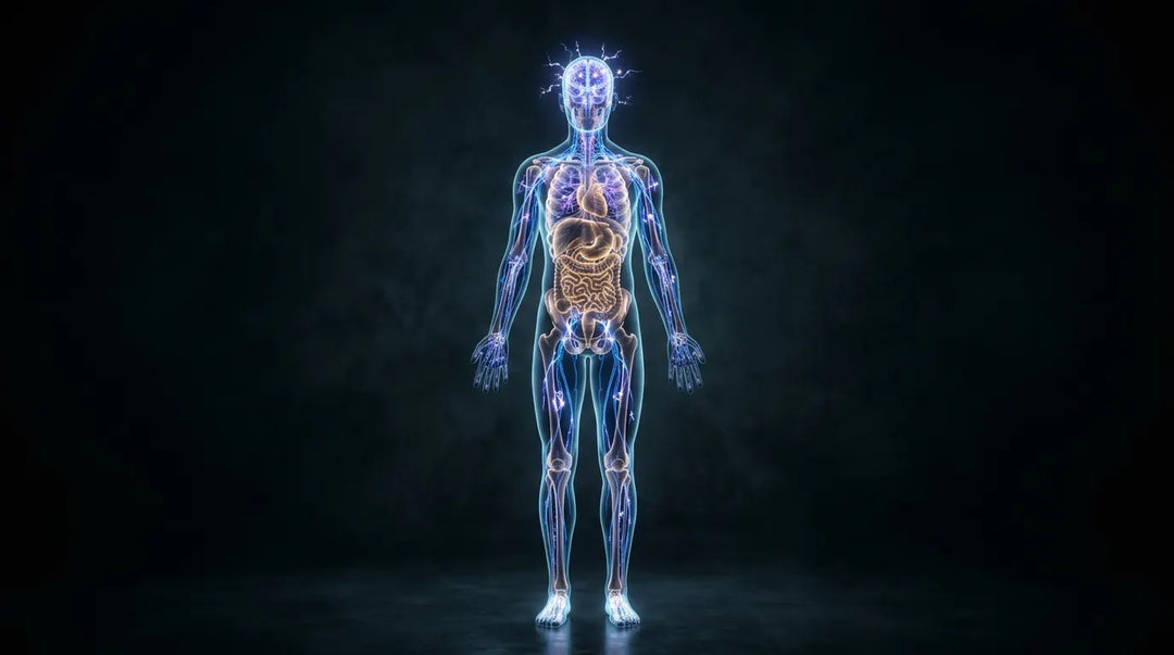 Glowing translucent human figure revealing illuminated neural pathways and internal anatomy, dramatic dark background