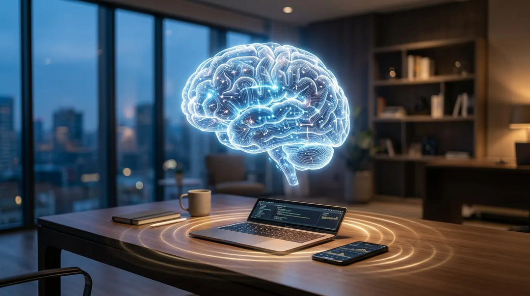 Glowing translucent neural brain hovering above laptop and phone emitting subtle electromagnetic waves