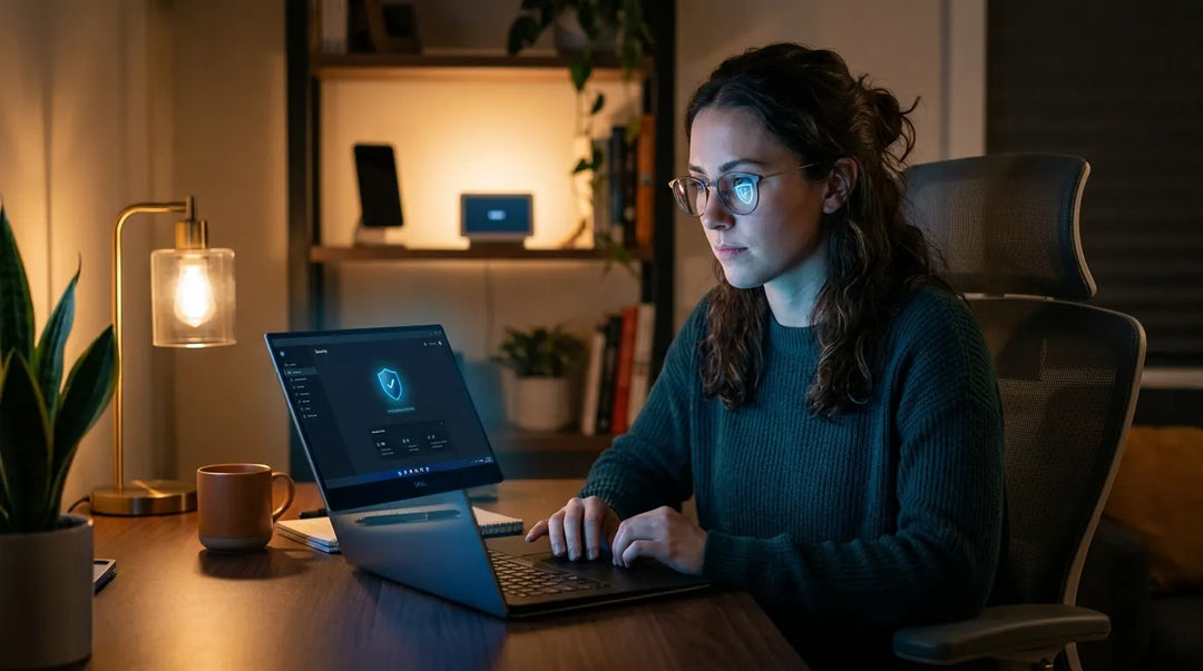 Person at home desk illuminated by laptop glow with determined protective expression