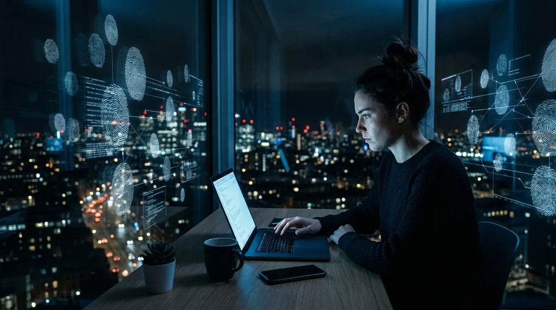Person at laptop surrounded by floating digital fingerprint patterns in moody blue-lit room