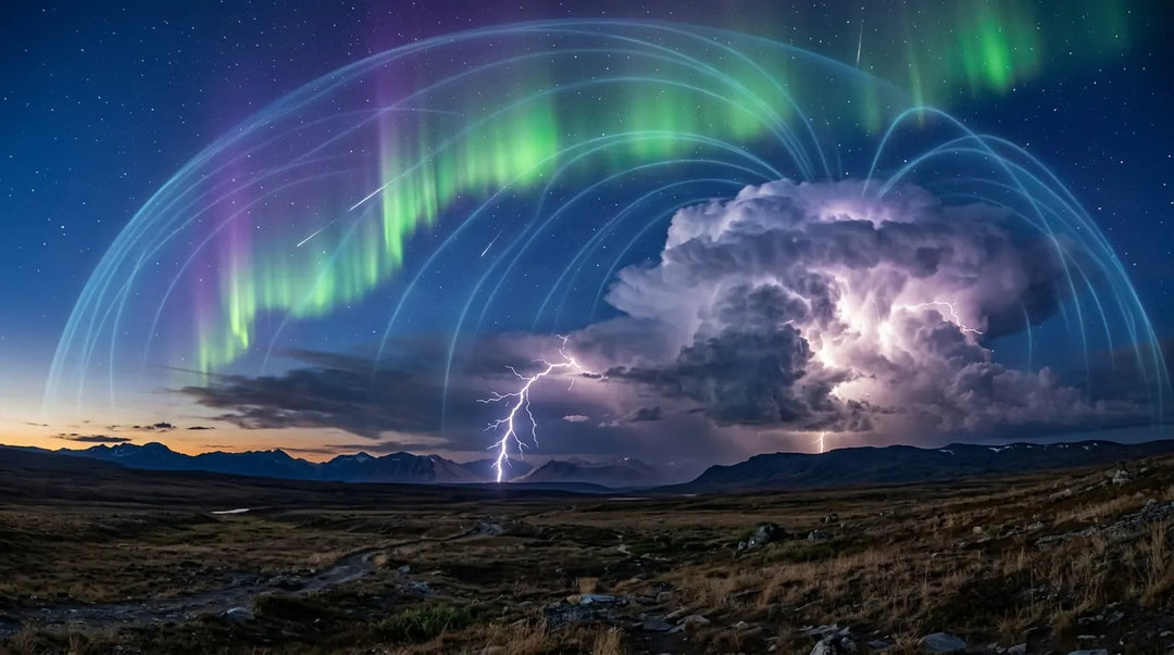 Dramatic lightning strike under aurora borealis with towering storm cloud, evoking nature's raw power