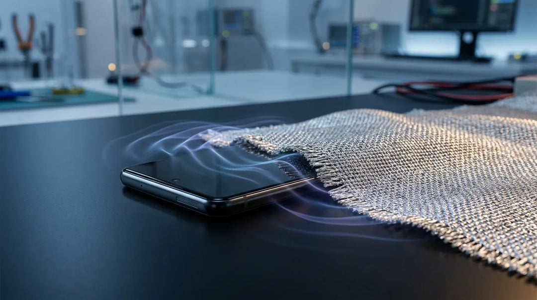 Smartphone partially covered by silver fiber fabric with subtle EMF wave deflection, cool tones