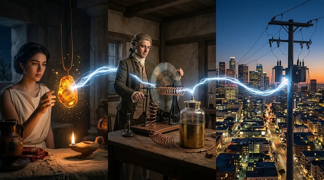 Ancient amber sparks transitioning to modern electric cityscape, dramatic blue-gold lighting spanning history