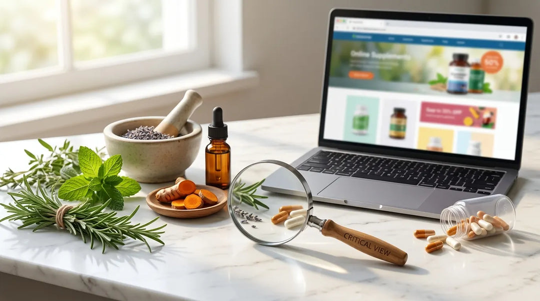 Laptop displaying health website with herbs, supplements, mortar and pestle on marble desk