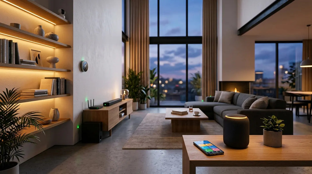 Modern living room at twilight with smart home devices glowing softly, sophisticated and warm