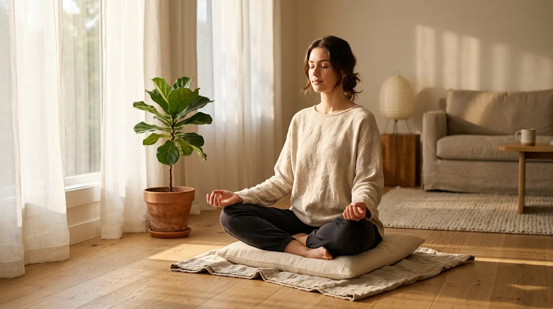 Serene woman meditating cross-legged on cushion in sunlit minimalist room, peaceful morning light