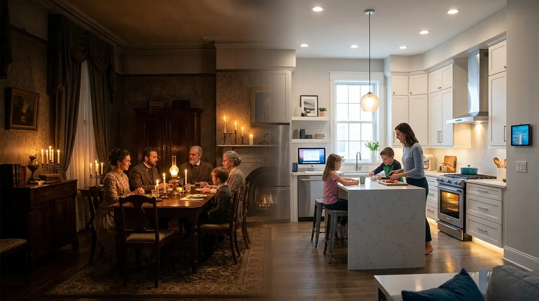 Split scene contrasting candlelit Victorian room with bright modern electrified living space, dramatic lighting transition