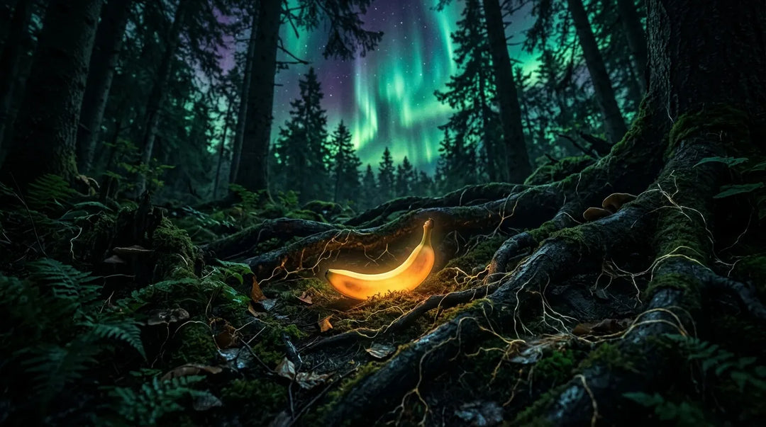 Glowing banana on forest floor with bioluminescent roots and aurora borealis overhead, mysterious mood