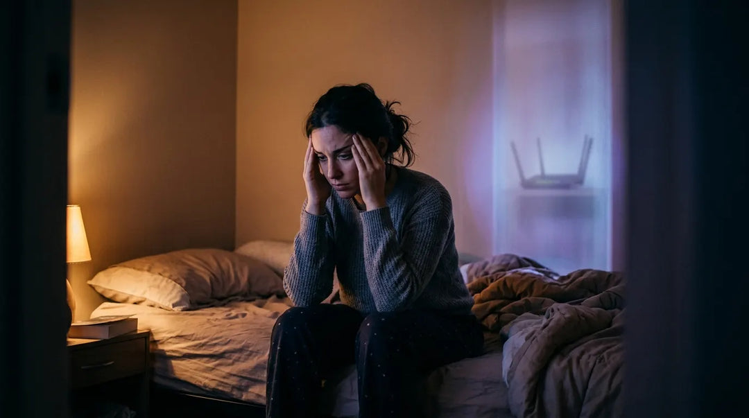 Woman sitting on bed looking stressed with router visible in background