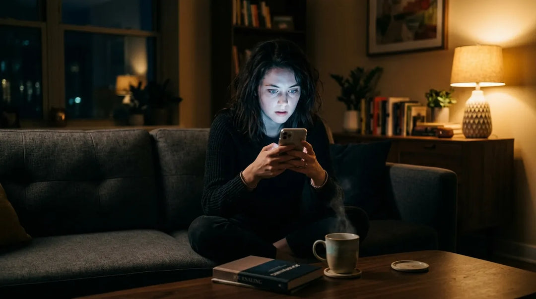 Person mesmerized by smartphone glow in dark living room, conveying digital compulsion and isolation