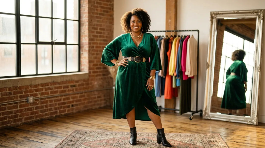 Confident plus-size woman in emerald wrap dress posing in sunlit modern loft, empowering mood