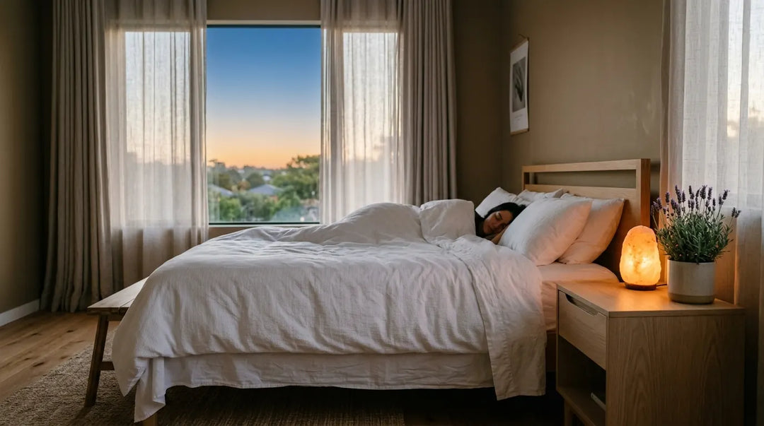 Peaceful dawn-lit minimalist bedroom with white bedding and warm ambient nightstand lamp