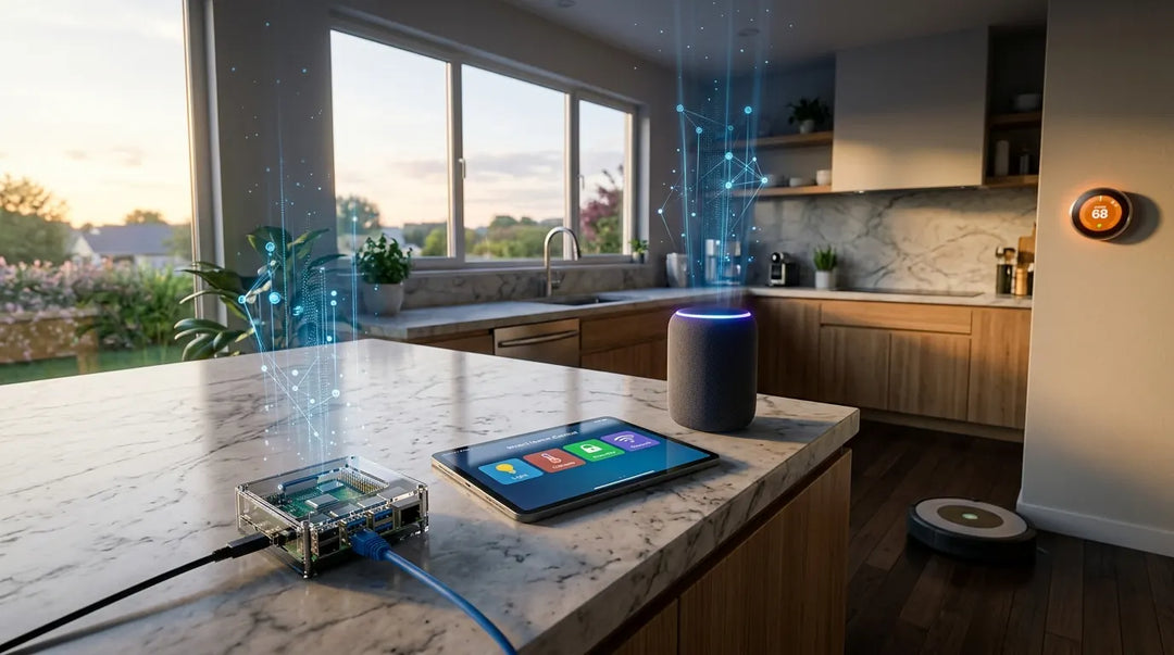 Modern kitchen with smart home devices emitting subtle digital network data streams at dawn