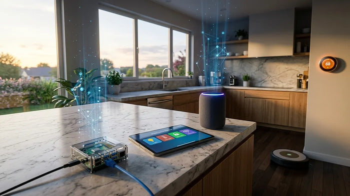 Modern kitchen with smart home devices emitting subtle digital network data streams at dawn