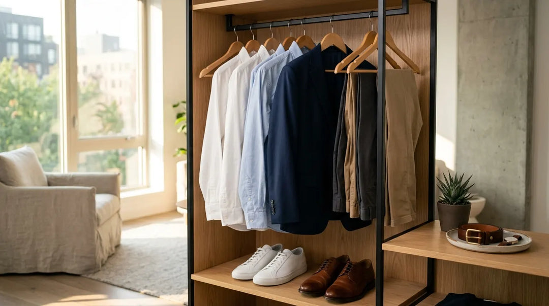 Curated men's capsule wardrobe with blazer, shirts, and chinos in sunlit minimalist room