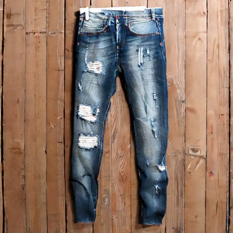 Distressed blue jeans with ripped holes and frayed details on wooden floor