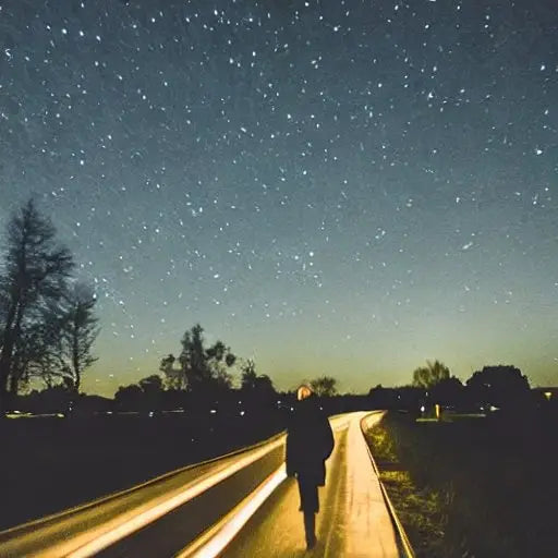Person jogging on illuminated rural road under starry night sky