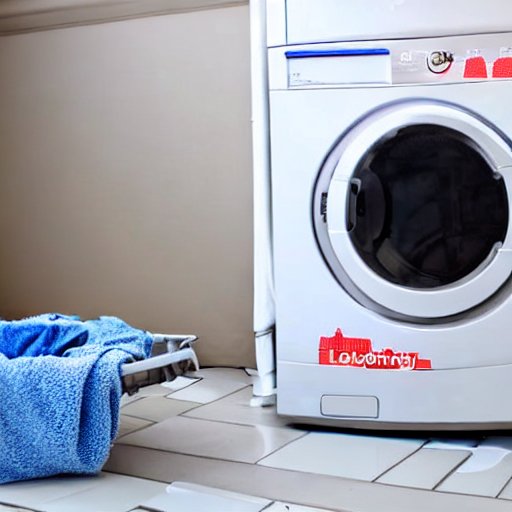 White washing machine with open drum door next to laundry basket filled with blue towels
