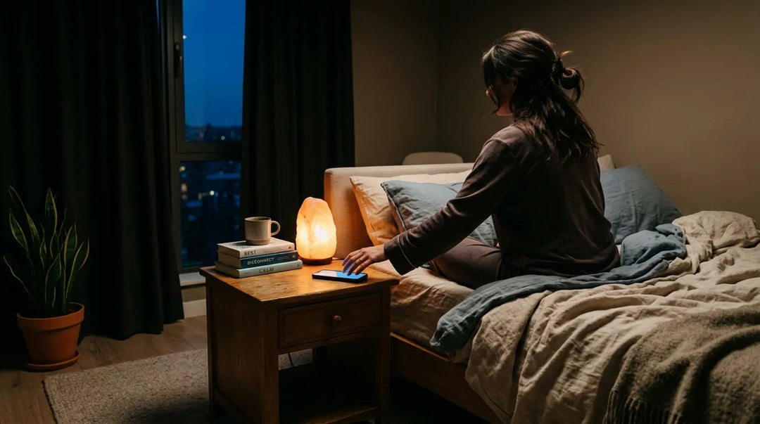Person placing phone face-down on nightstand in warmly lit serene bedroom at dusk