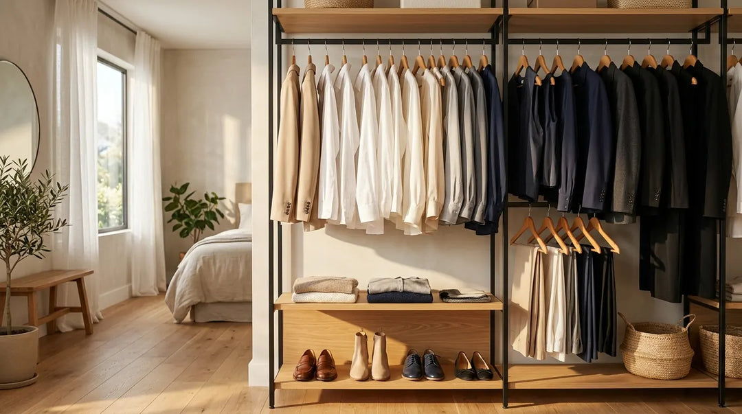 Curated professional wardrobe with tailored blazers and neutral clothing in sunlit modern closet