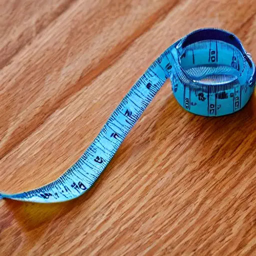 Blue fabric measuring tape extended on wooden surface showing measurement markings