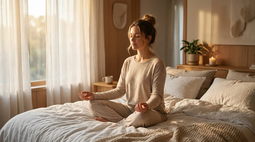 Person meditating peacefully on a sunlit bed in a calm, serene bedroom