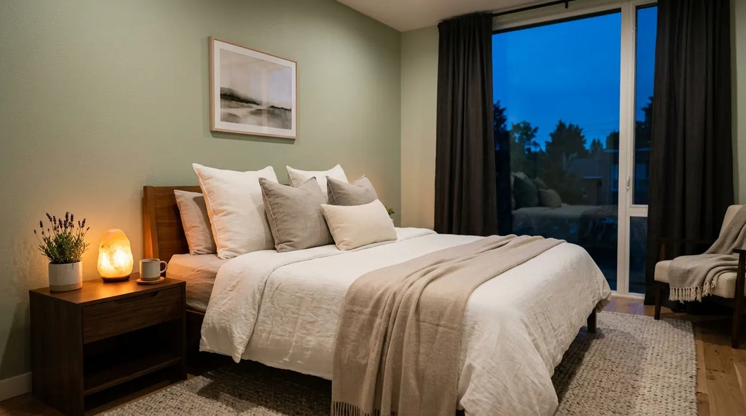 Serene modern bedroom at twilight with warm ambient lighting and calming minimalist decor