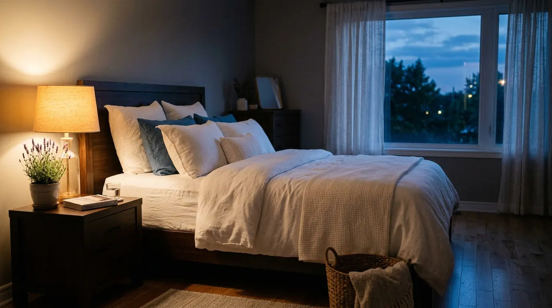 Tranquil bedroom at twilight with warm lamp light and crisp white bedding inviting restful sleep