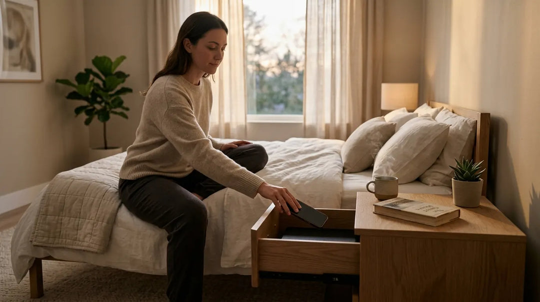Person placing smartphone into bedside drawer in calm, warmly lit minimalist bedroom at dusk