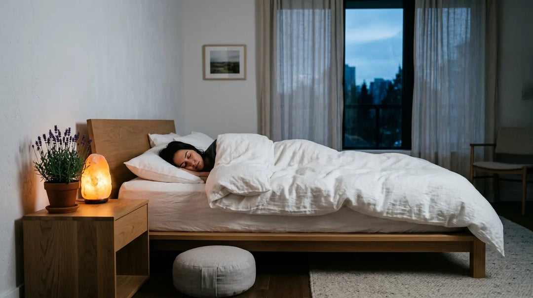 Person sleeping peacefully in serene minimalist bedroom bathed in soft dawn light