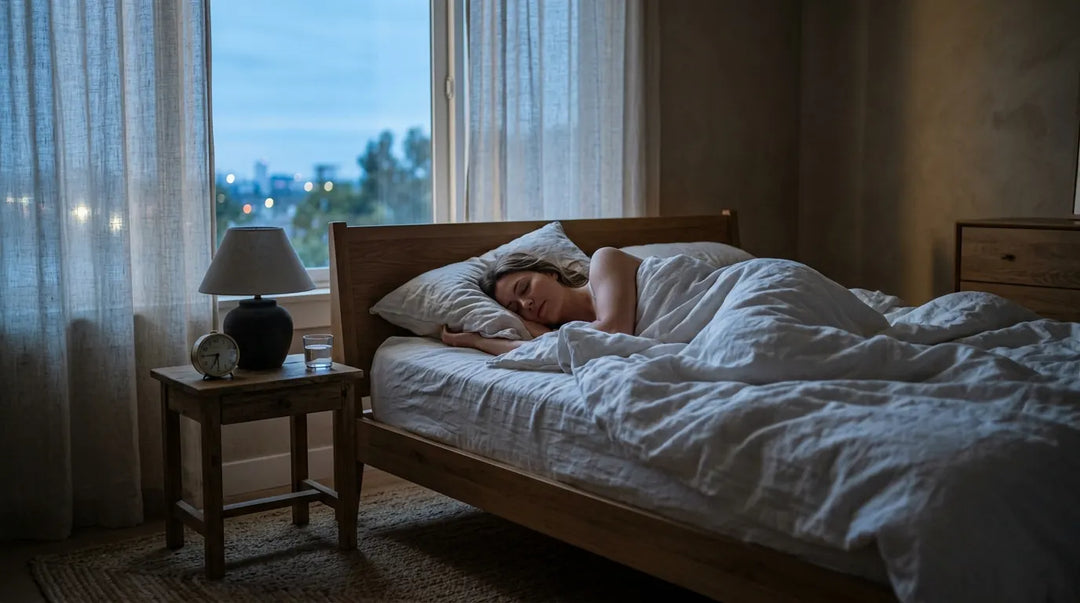 Person sleeping peacefully in minimalist bedroom bathed in soft pre-dawn light