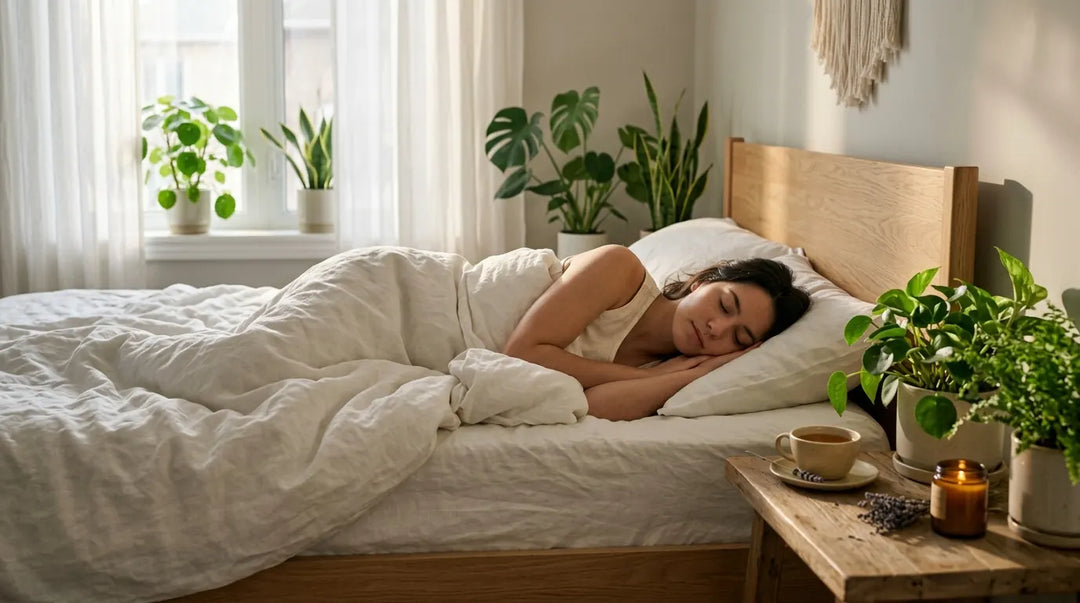 Person sleeping peacefully in sunlit minimalist bedroom with plants and warm light, tranquil mood