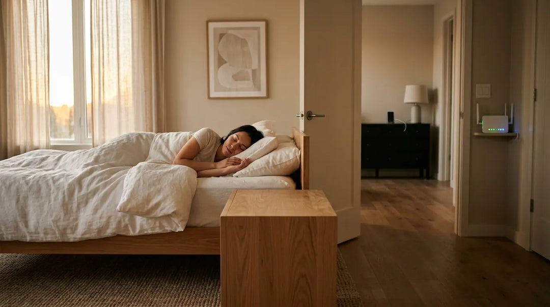 Woman sleeping peacefully in bed with white linens in modern bedroom