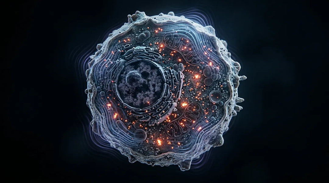 Macro human cell penetrated by electromagnetic waves with glowing free radical particles inside, moody scientific tone