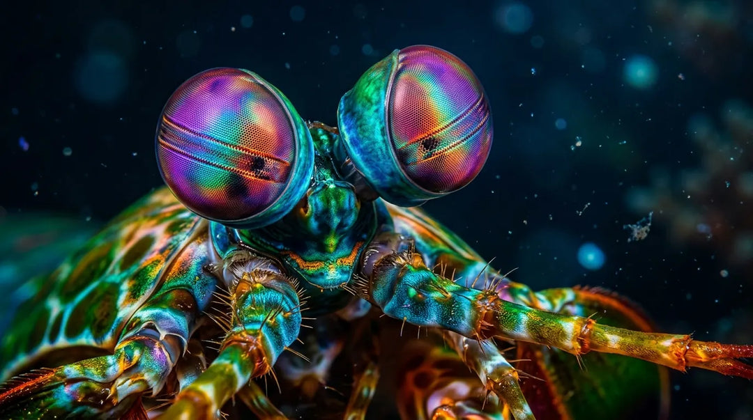 Mantis shrimp's iridescent compound eyes in extreme macro with prismatic light spectrum