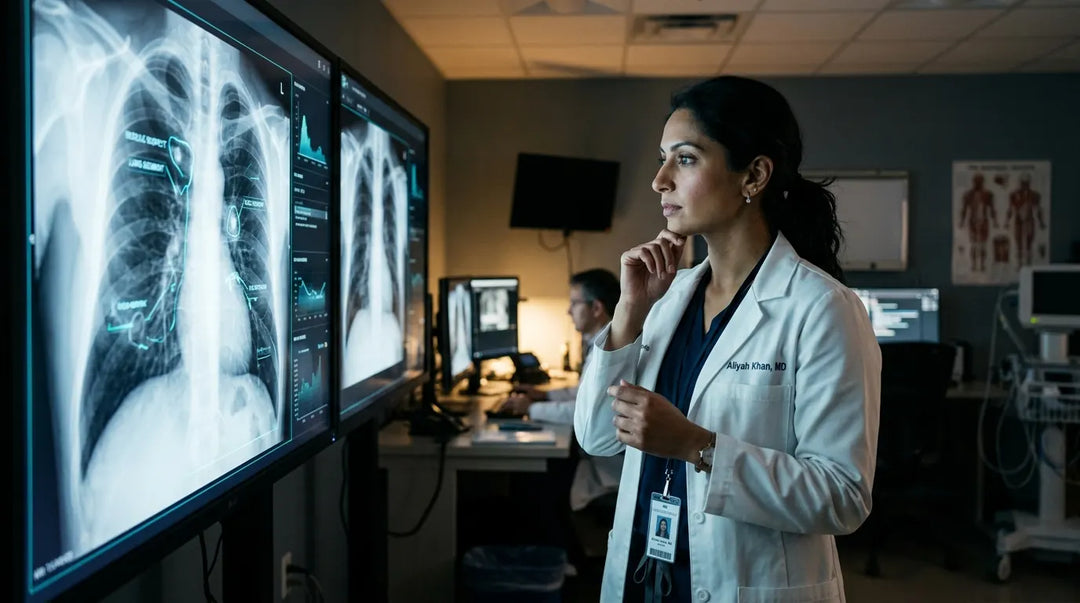 Doctor examining AI-enhanced chest X-ray display in modern radiology suite, contemplative mood