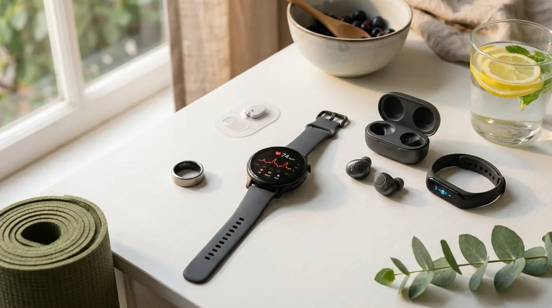 Assorted health wearable devices arranged on white surface in warm natural light